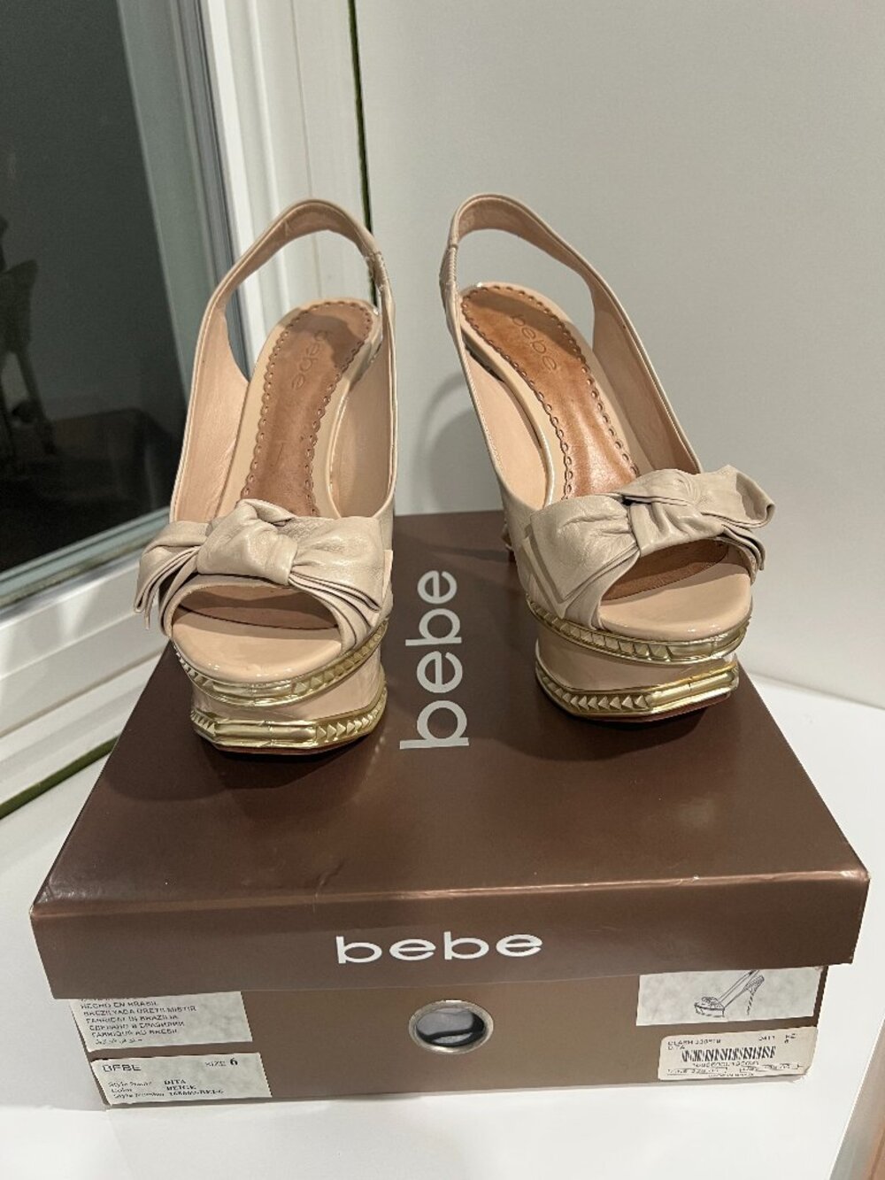 Bebe Dita Beige Platform Slingback Sandals with Gold Stiletto Heel 6-6.5